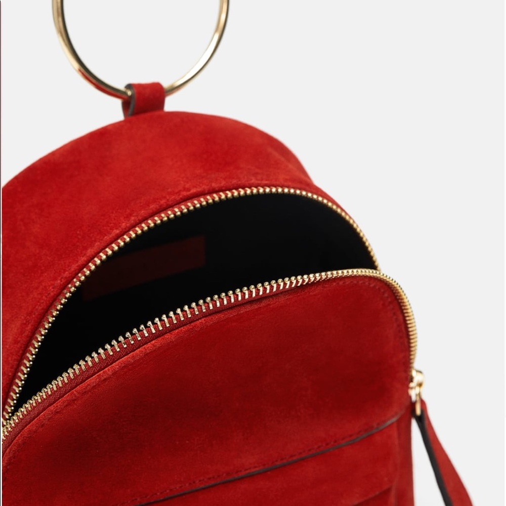 NWOT Zara Mini Suede Backpack Gold Ring, Rust Blk - Picture 2 of 8